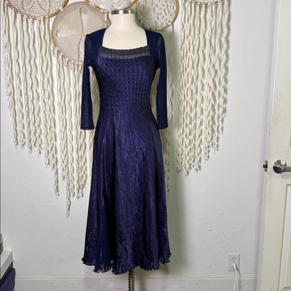 Komarov Purple Charmeuse Sheer Quarter Sleeve Midi Length Dress Size Small